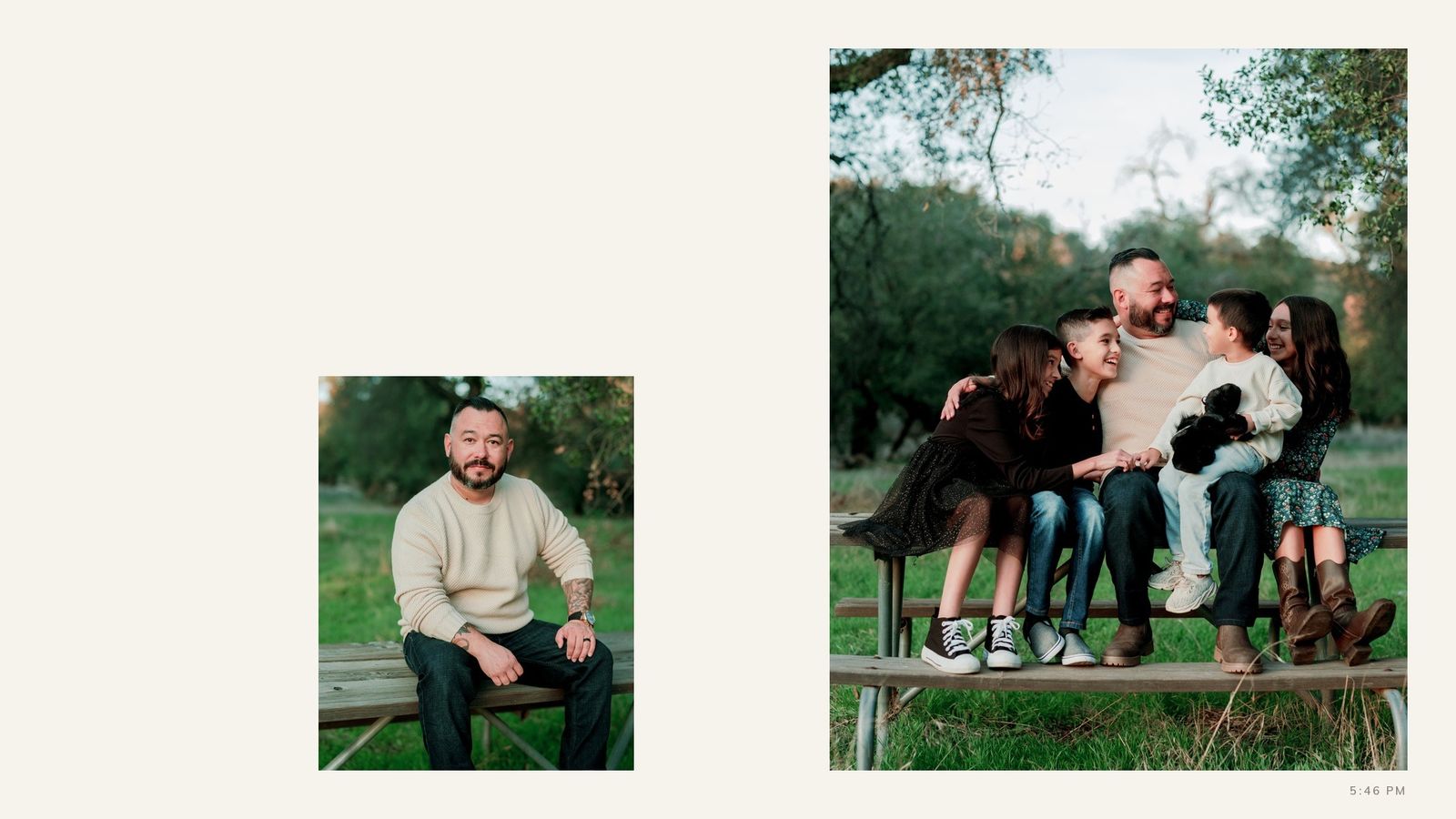A magazine-style collage of a dad and kids on a bench